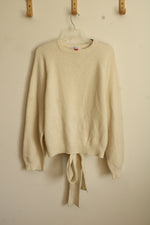 TENNE Off-White Wool & Cashmere Blend Long Sleeve Ribbed Knit Sweater with Open Back Tie | L