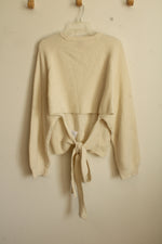 TENNE Off-White Wool & Cashmere Blend Long Sleeve Ribbed Knit Sweater with Open Back Tie | L