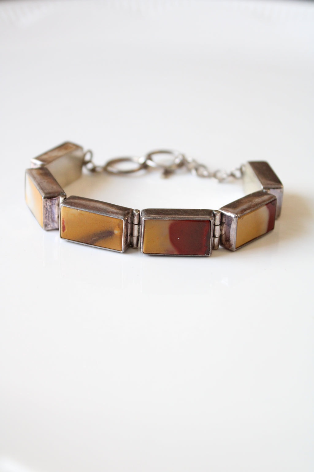 Red Orange Marble Sterling Silver Toggle Chain Bracelet
