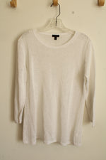 Talbots White Linen Cutout Knit Crew Neck 3Q Sleeve Top | M