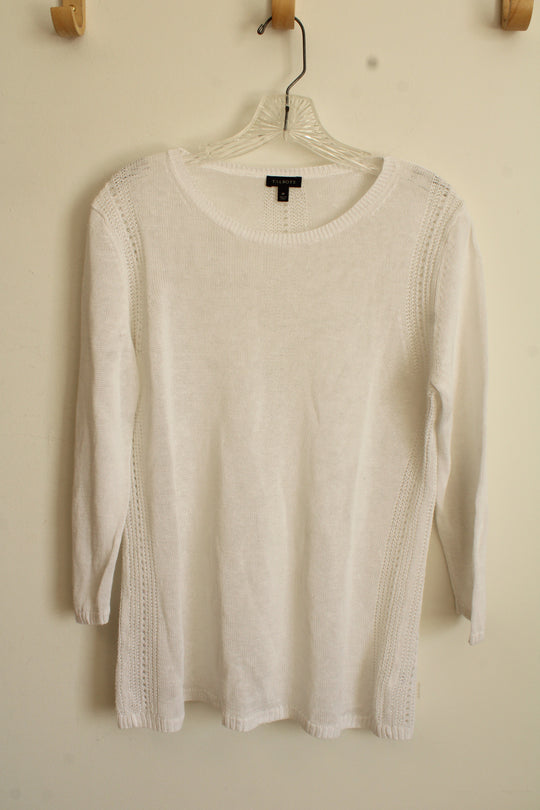 Talbots White Linen Cutout Knit Crew Neck 3Q Sleeve Top | M
