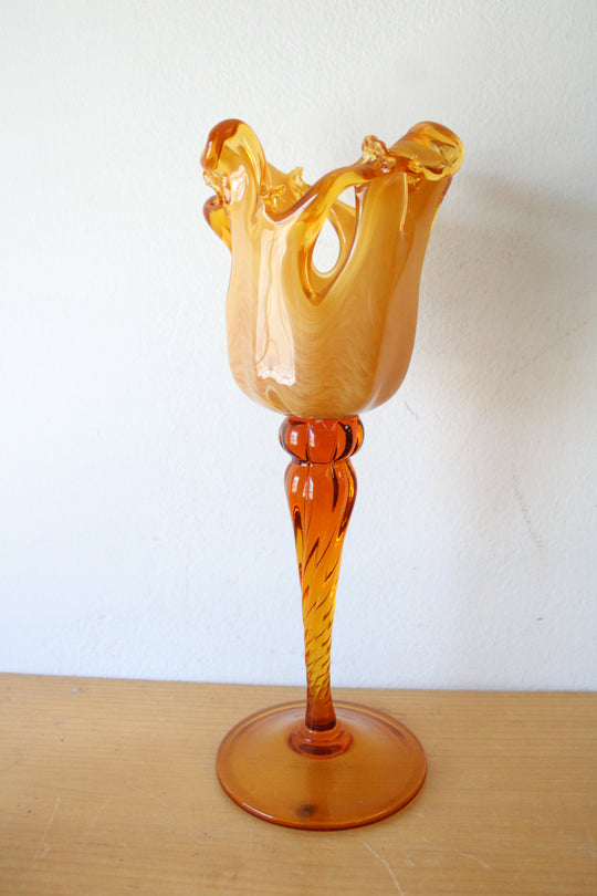 White Crystal Italian Blown Glass Mustard Yellow Candle Holder