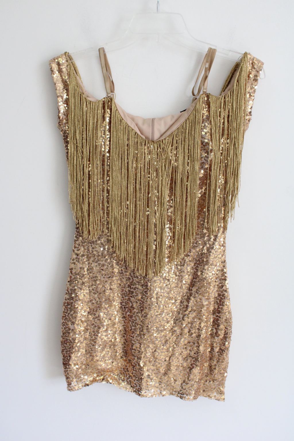 Flamingo Girl Fashion Gold Sequined Tassel Dress | S