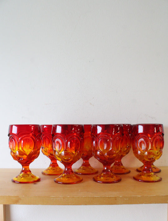 Vintage L.E. Smith Moon & Stars Amberina Goblets | Set Of 8