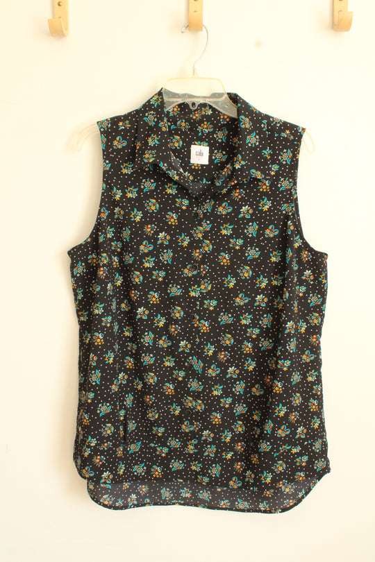 Cabi Black Floral Dot Sleeveless Button Down Tank with Collar | L