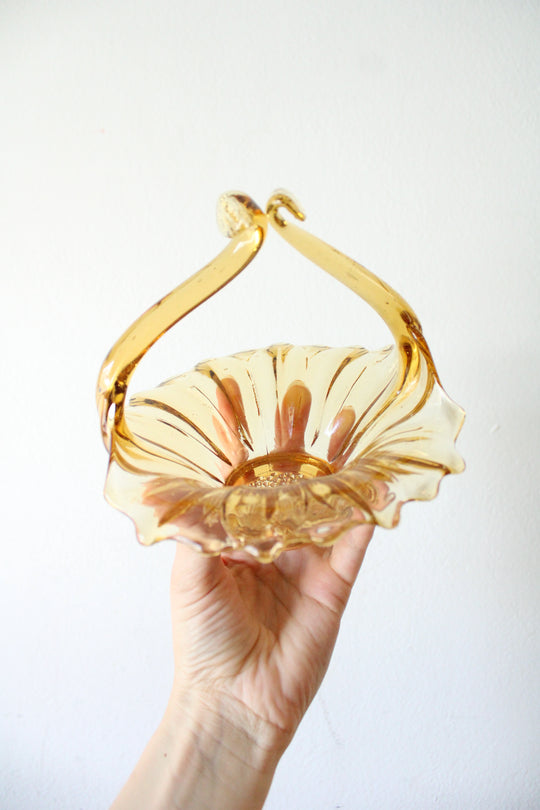 Vintage Italian Art Glass Amber Stretch Glass Sun Flower Basket