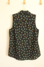 Cabi Black Floral Dot Sleeveless Button Down Tank with Collar | L