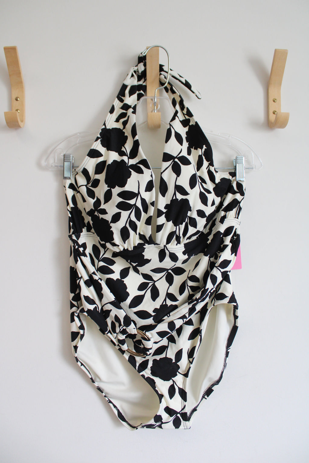 NEW Kate Spade Cream & Black Floral Halter Neck One Piece Swimsuit | XL