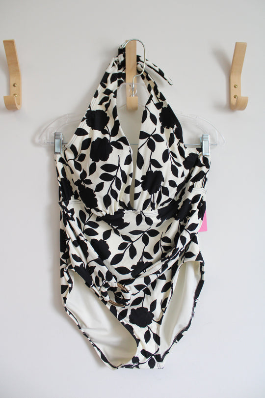 NEW Kate Spade Cream & Black Floral Halter Neck One Piece Swimsuit | XL