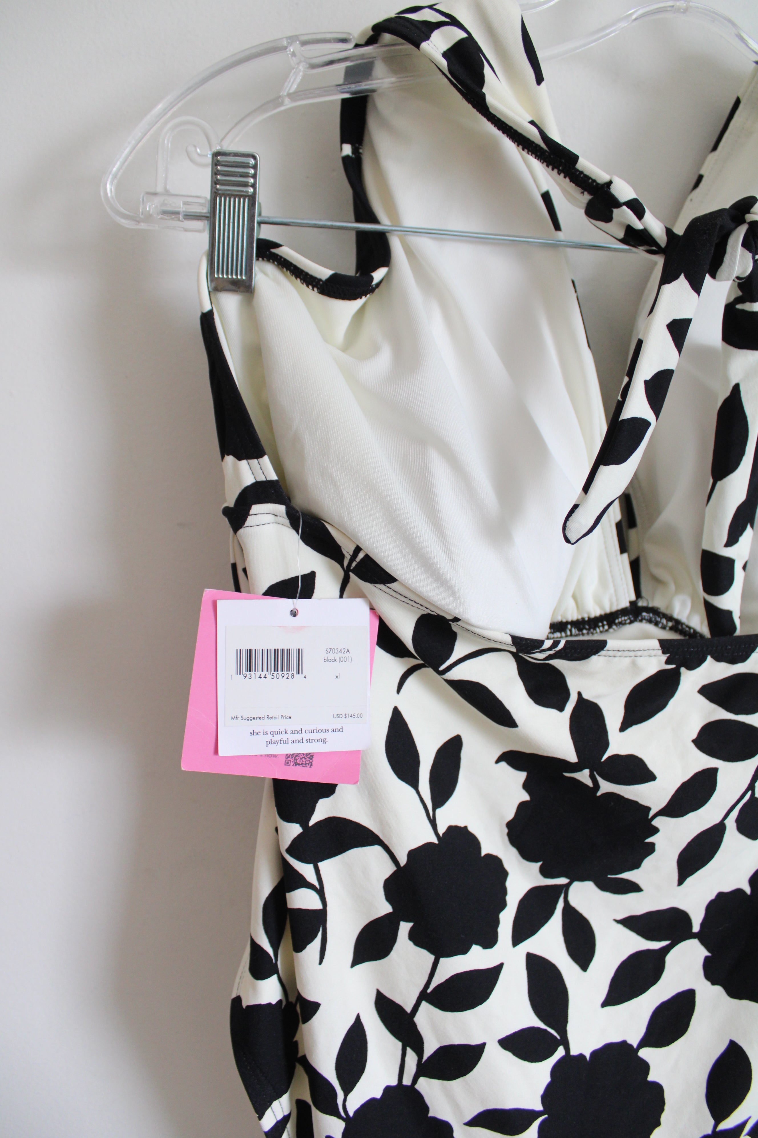 NEW Kate Spade Cream & Black Floral Halter Neck One Piece Swimsuit | XL