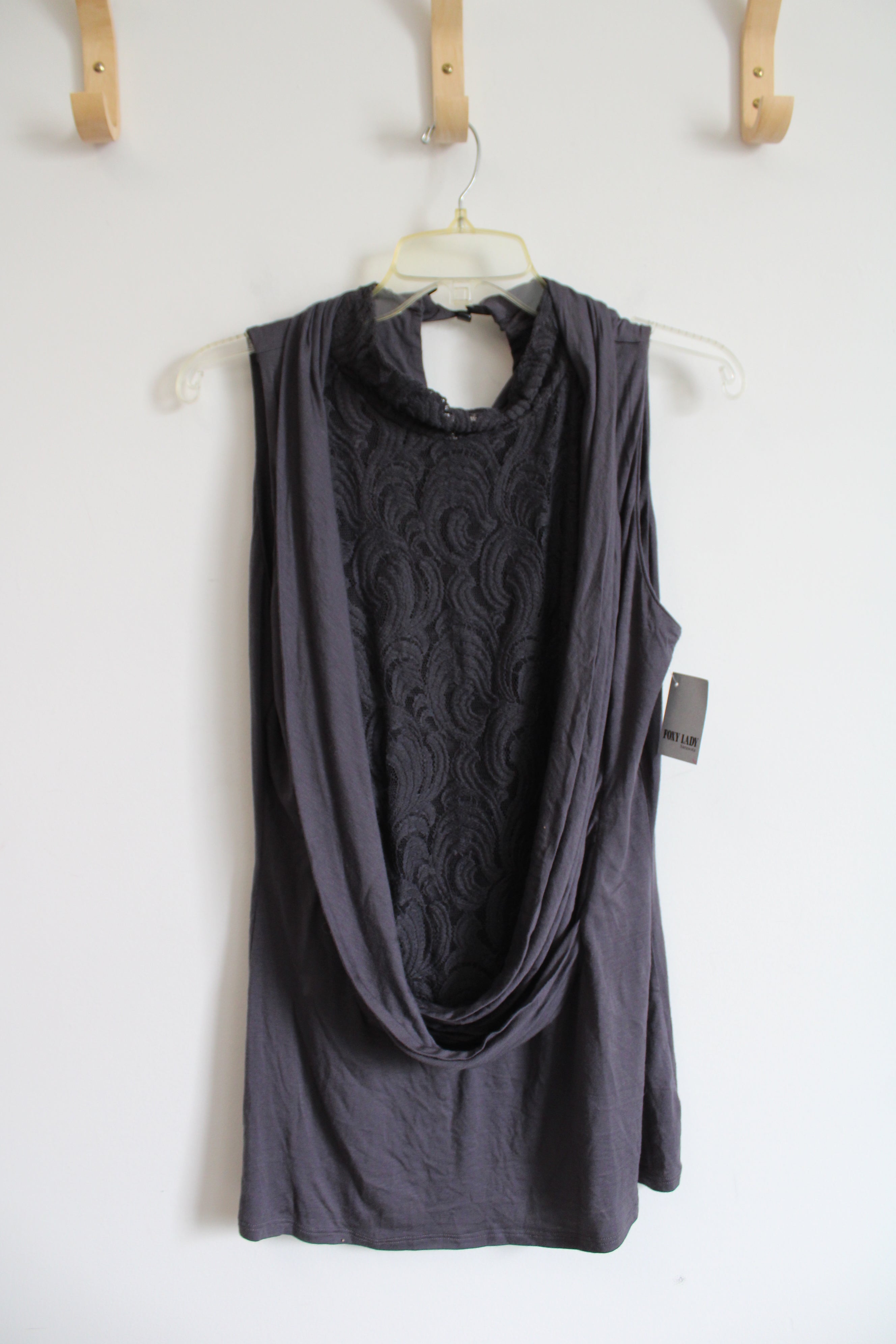 NEW Kay Celine Gray Lace Cowl Neck Sleeveless Top | L