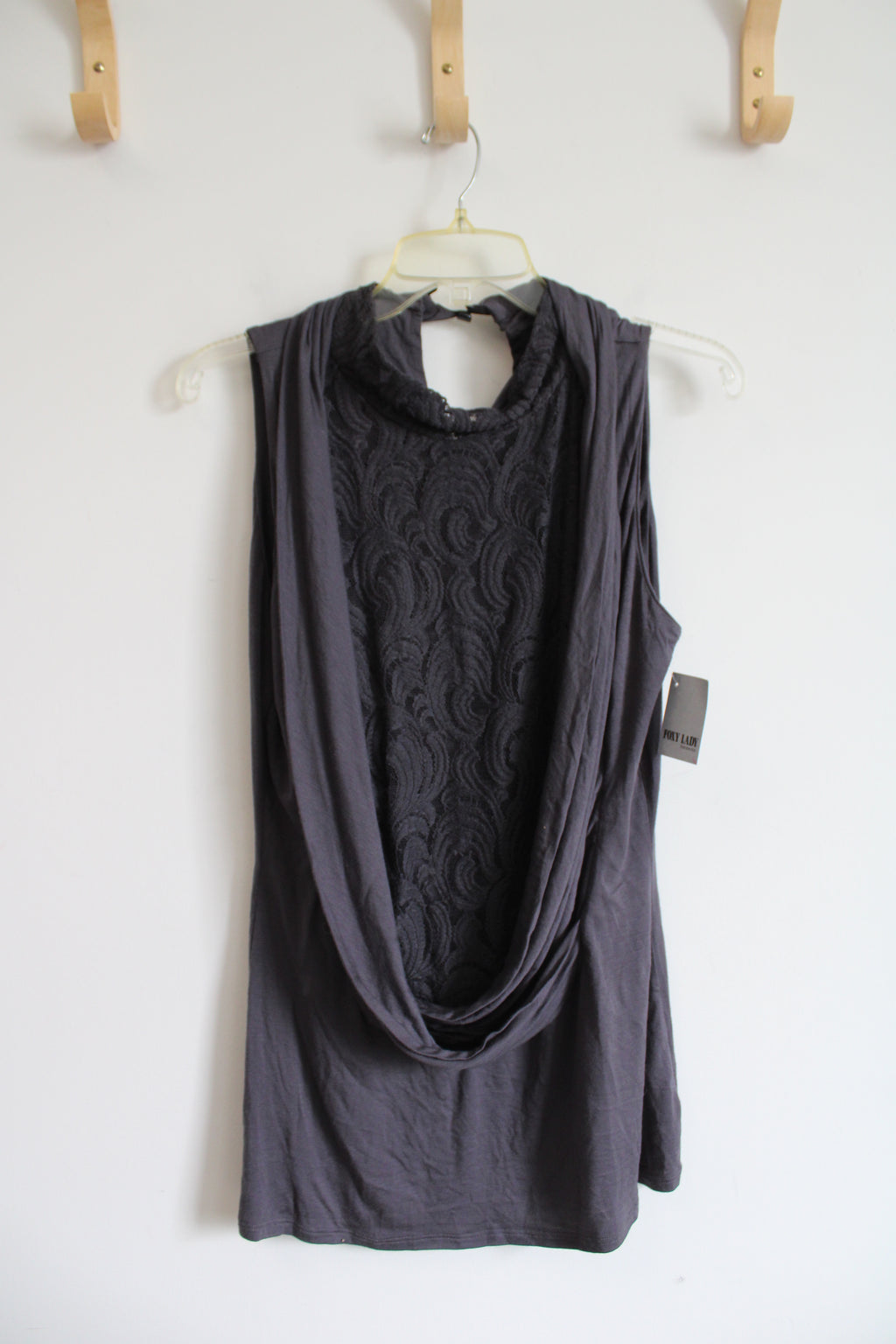 NEW Kay Celine Gray Lace Cowl Neck Sleeveless Top | L