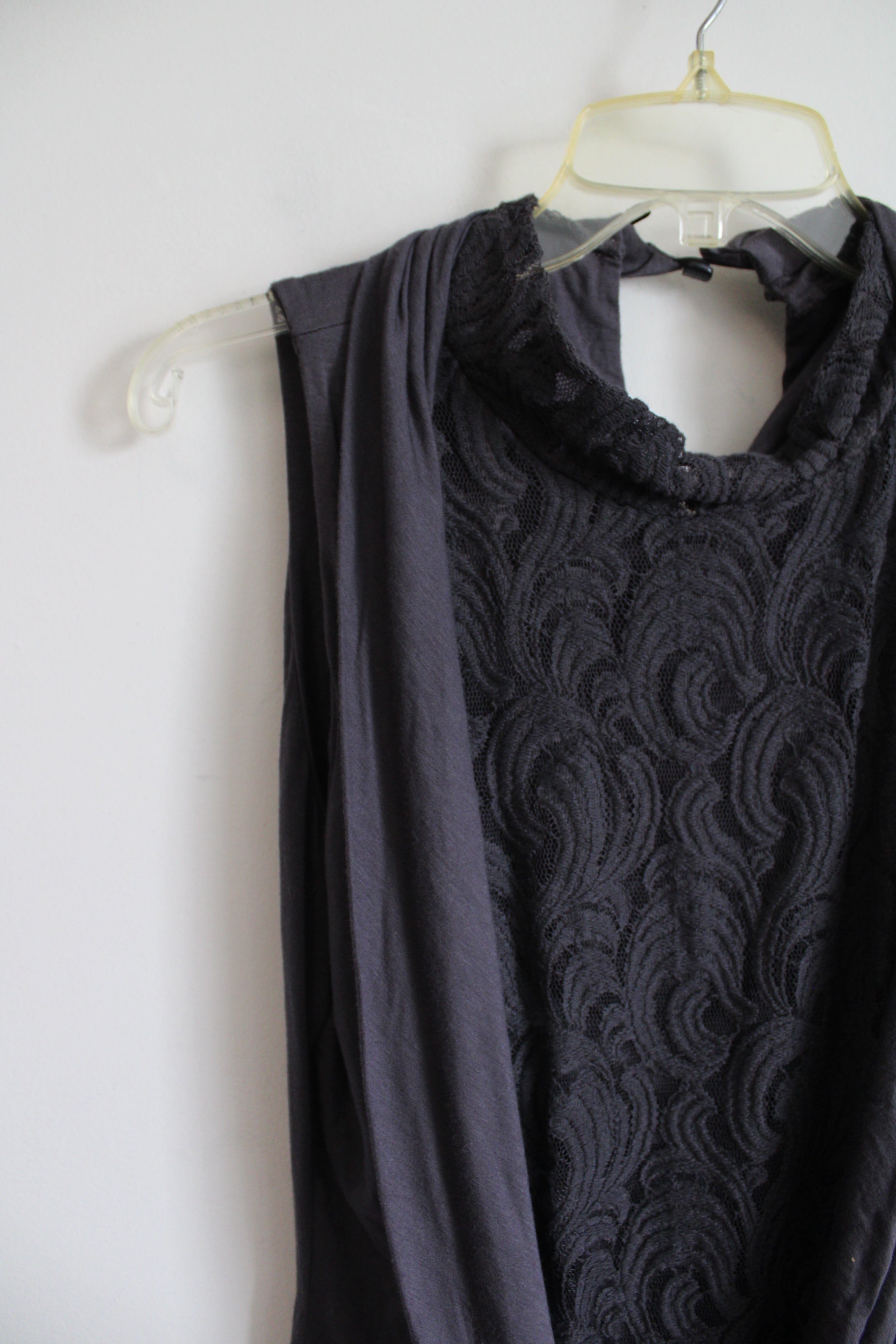 NEW Kay Celine Gray Lace Cowl Neck Sleeveless Top | L