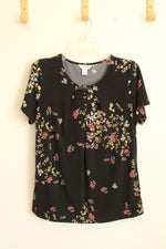 Liz Claiborne Black Floral Short Sleeve Top with Front Gold Hardware | M