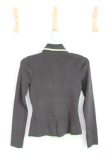 By Artisan Olive Green With Lime Green Trim And Floral Knit Buttons Collared Long Sleeve Peplum Top | S