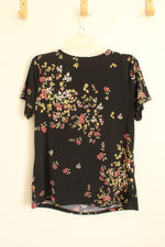 Liz Claiborne Black Floral Short Sleeve Top with Front Gold Hardware | M