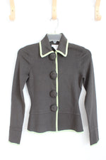 By Artisan Olive Green With Lime Green Trim And Floral Knit Buttons Collared Long Sleeve Peplum Top | S