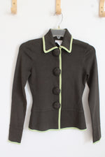 By Artisan Olive Green With Lime Green Trim And Floral Knit Buttons Collared Long Sleeve Peplum Top | S