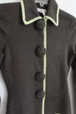 By Artisan Olive Green With Lime Green Trim And Floral Knit Buttons Collared Long Sleeve Peplum Top | S