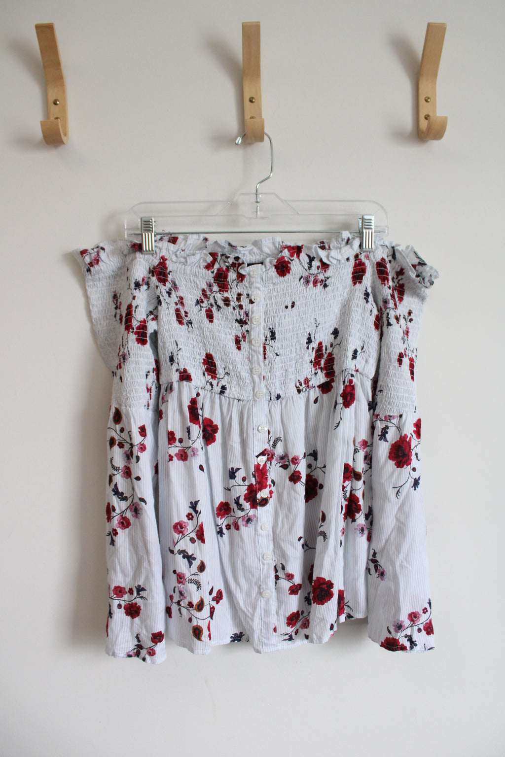 Torrid Blue & White Striped Red Floral Ruched Off The Shoulder Top | 00