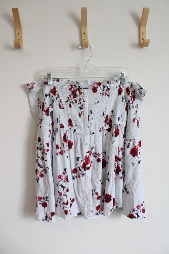 Torrid Blue & White Striped Red Floral Ruched Off The Shoulder Top | 00