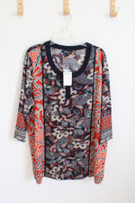 NEW Ulla Popken Navy Blue And Orange 3/4 Sleeve Button Front Top | XL
