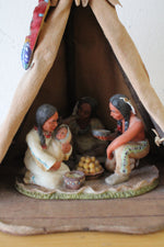 Native American Family Teepee Folk Art Sculpture