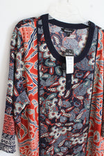 NEW Ulla Popken Navy Blue And Orange 3/4 Sleeve Button Front Top | XL