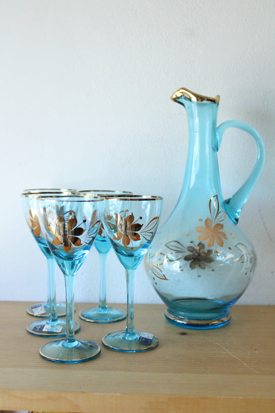 Crystal Clear Industries Romanian Aqua Blue Wine Decanter & Cordial Glasses
