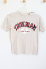 True Religion Tan T-Shirt With Black And Red Logo And Silver Studs