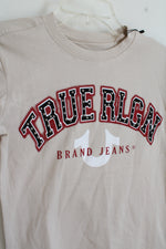 True Religion Tan T-Shirt With Black And Red Logo And Silver Studs