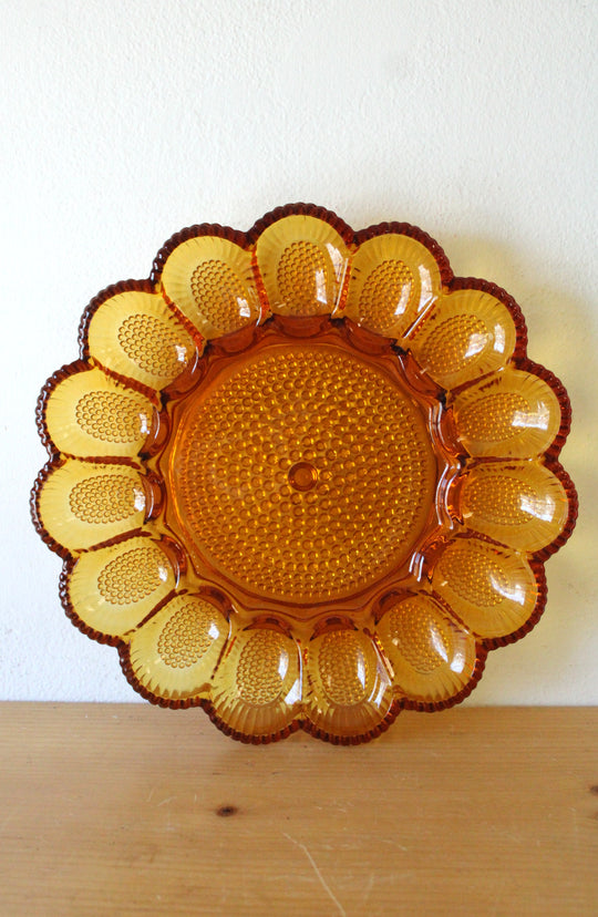 Vintage Hobnail Amber Indiana Glass Deviled Egg Plate | 11"