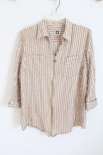 Anne Klein Tan And Gold Striped 3/4 Zip Front Blouse | L