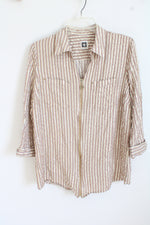 Anne Klein Tan And Gold Striped 3/4 Zip Front Blouse | L