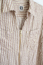 Anne Klein Tan And Gold Striped 3/4 Zip Front Blouse | L