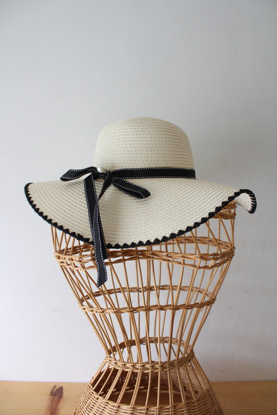 Lucky7 Cream Black Ribbon Pearl Floppy Sun Hat