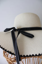 Lucky7 Cream Black Ribbon Pearl Floppy Sun Hat