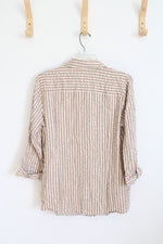 Anne Klein Tan And Gold Striped 3/4 Zip Front Blouse | L