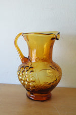 Vintage Amber Glass Embossed Fruit Pattern Pitcher