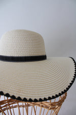 Lucky7 Cream Black Ribbon Pearl Floppy Sun Hat