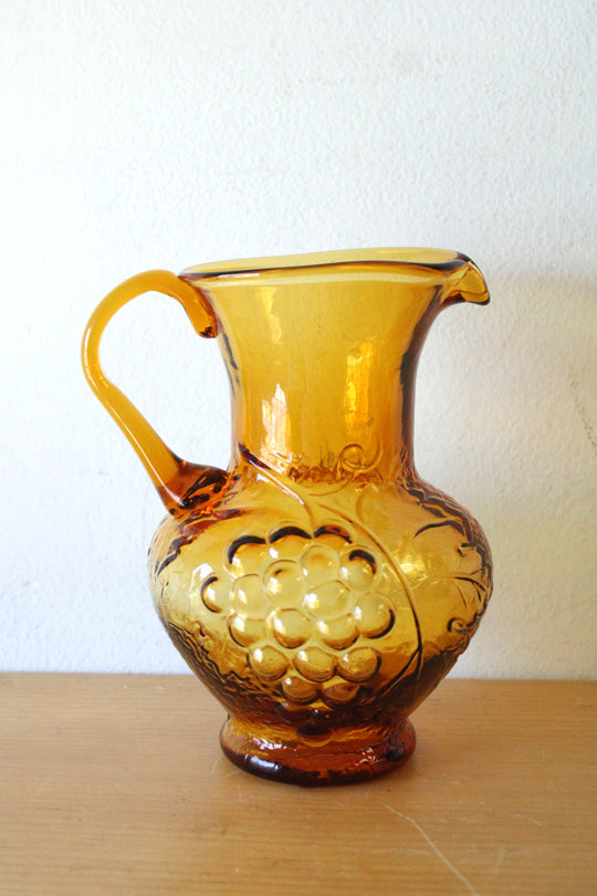 Vintage Amber Glass Embossed Fruit Pattern Pitcher