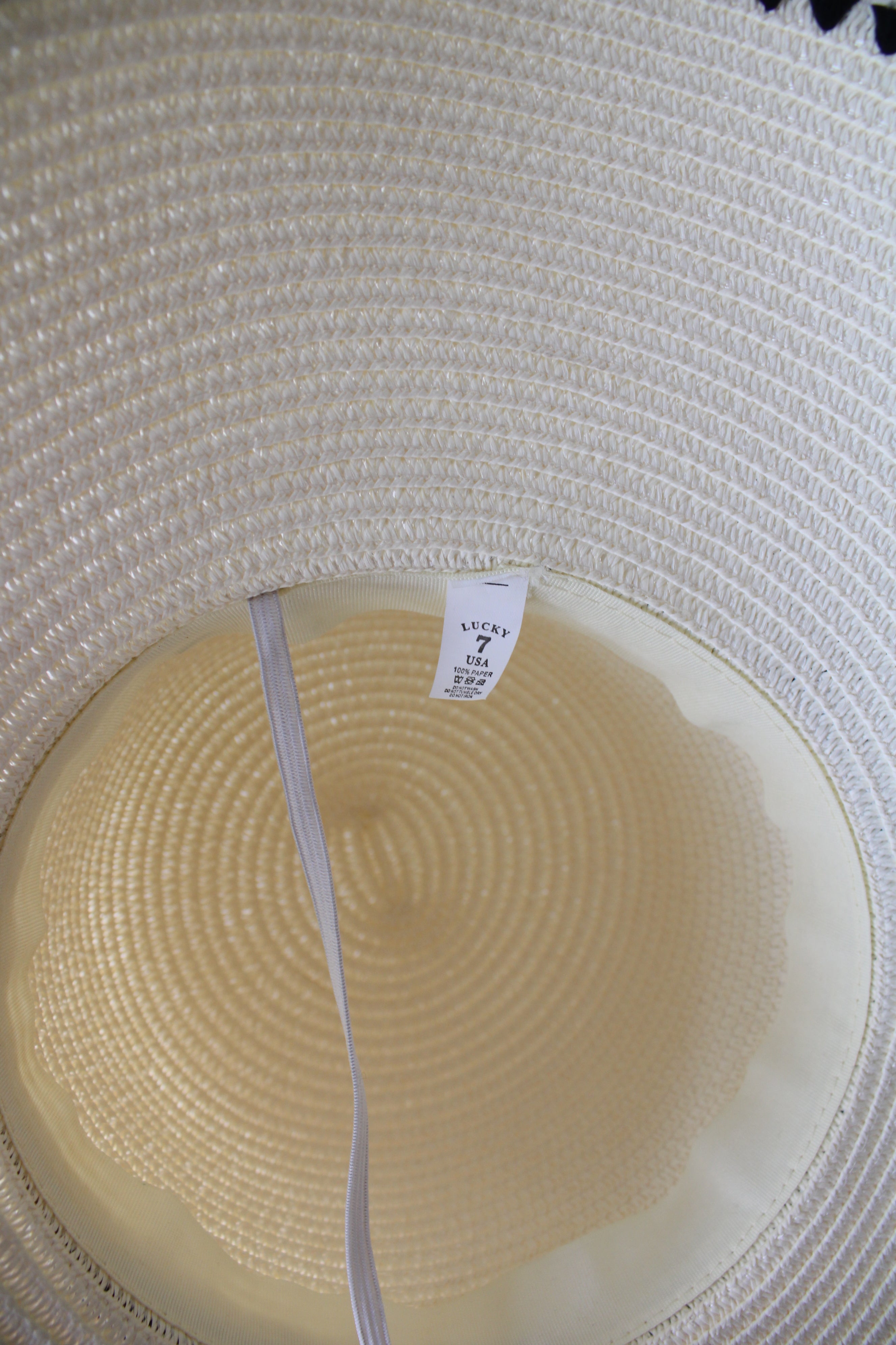 Lucky7 Cream Black Ribbon Pearl Floppy Sun Hat