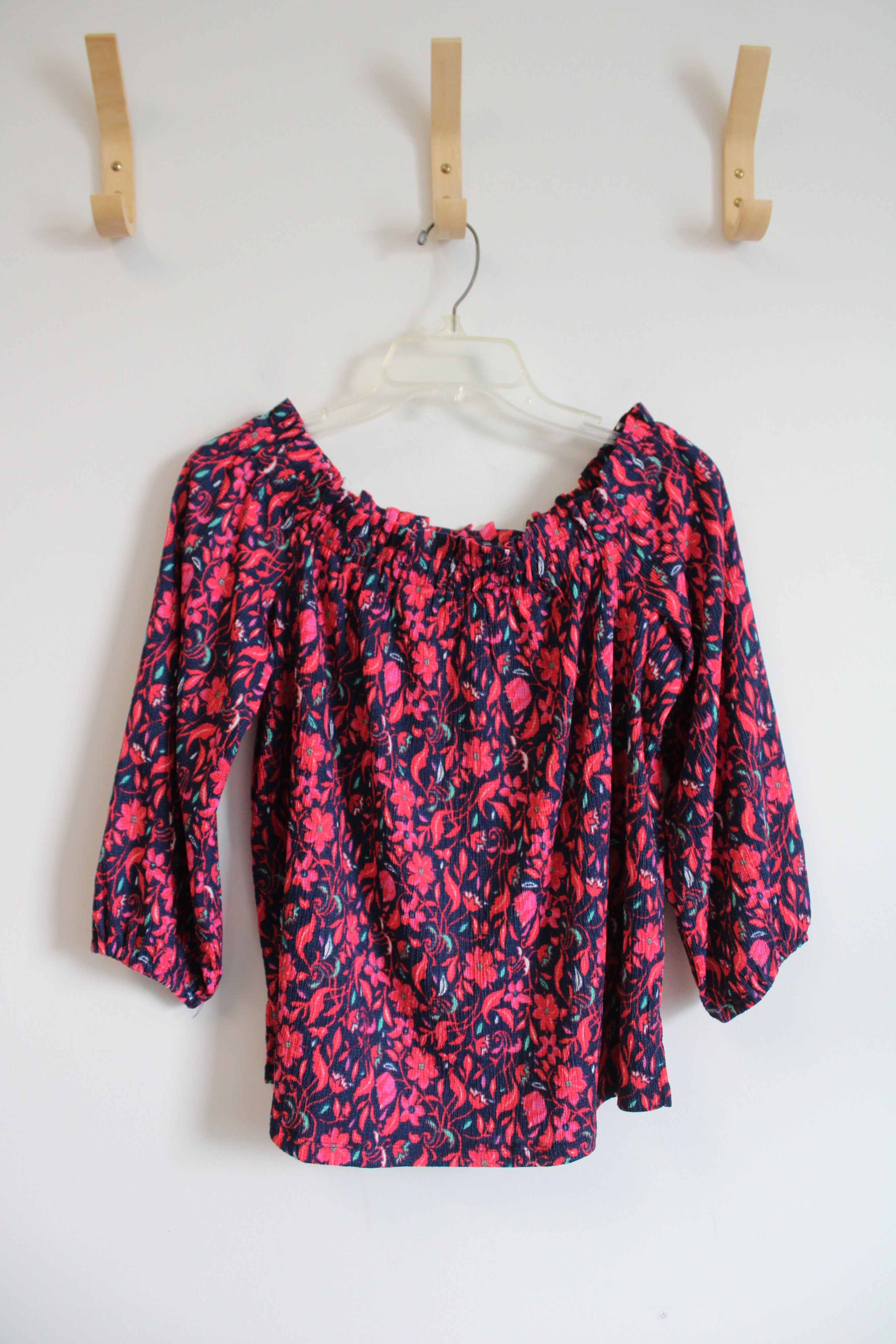 Ann Taylor Navy & Pink Floral Off The Shoulder Top | L