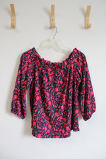 Ann Taylor Navy & Pink Floral Off The Shoulder Top | L