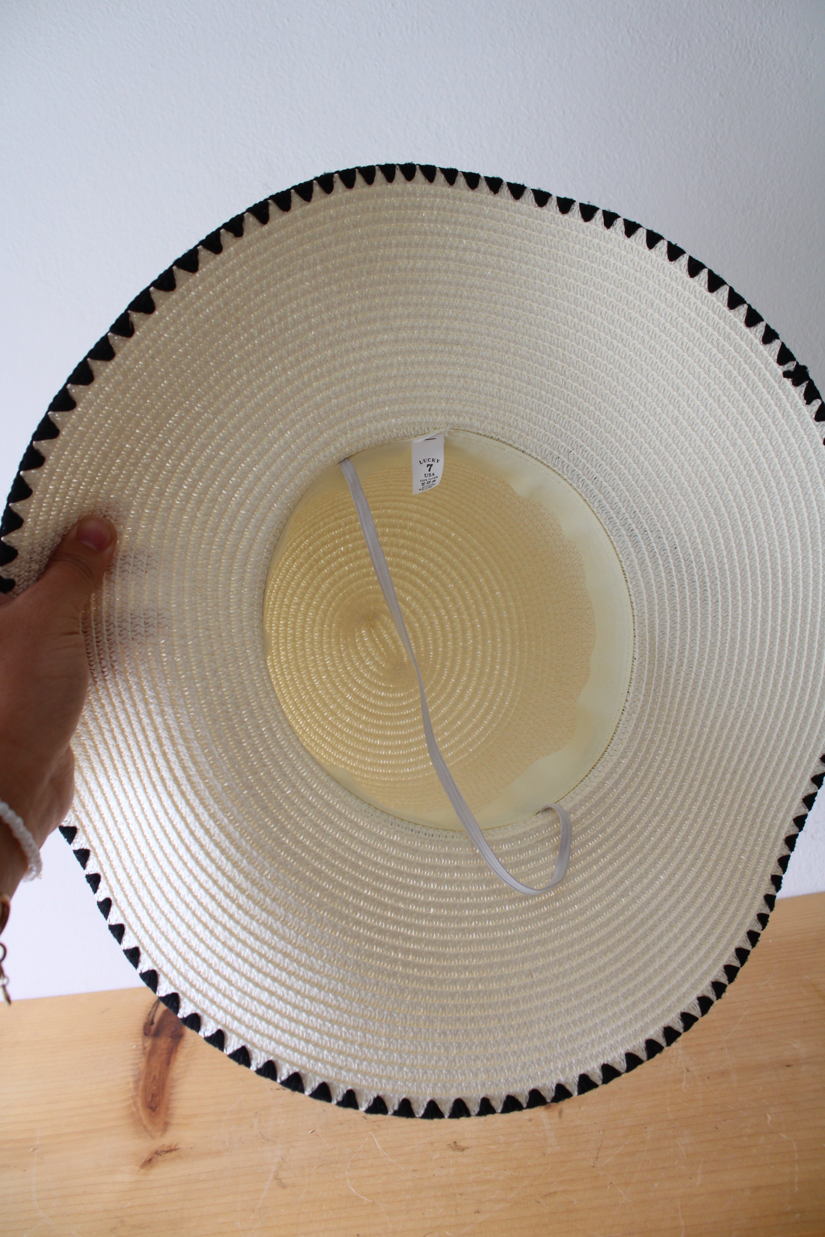 Lucky7 Cream Black Ribbon Pearl Floppy Sun Hat