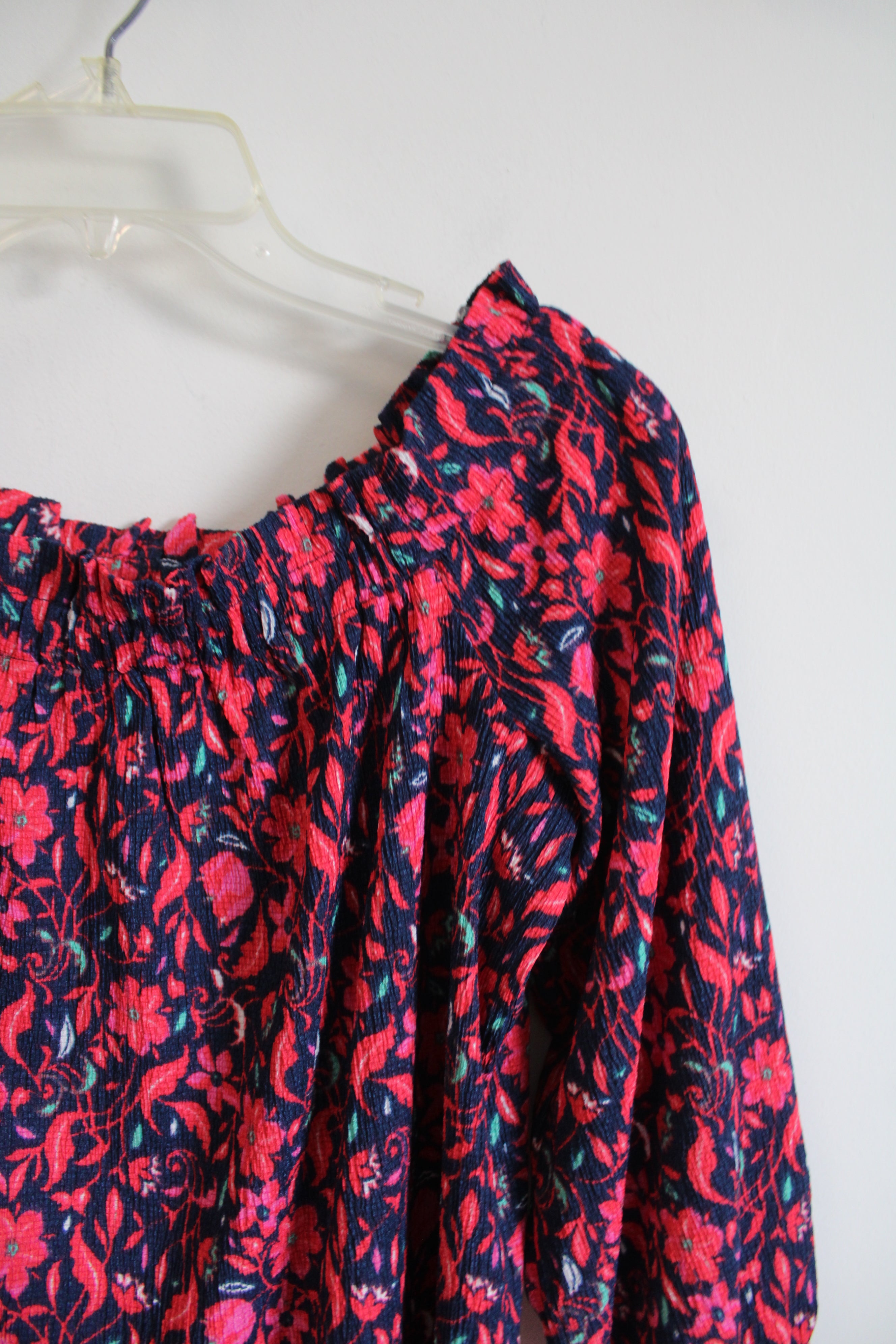 Ann Taylor Navy & Pink Floral Off The Shoulder Top | L
