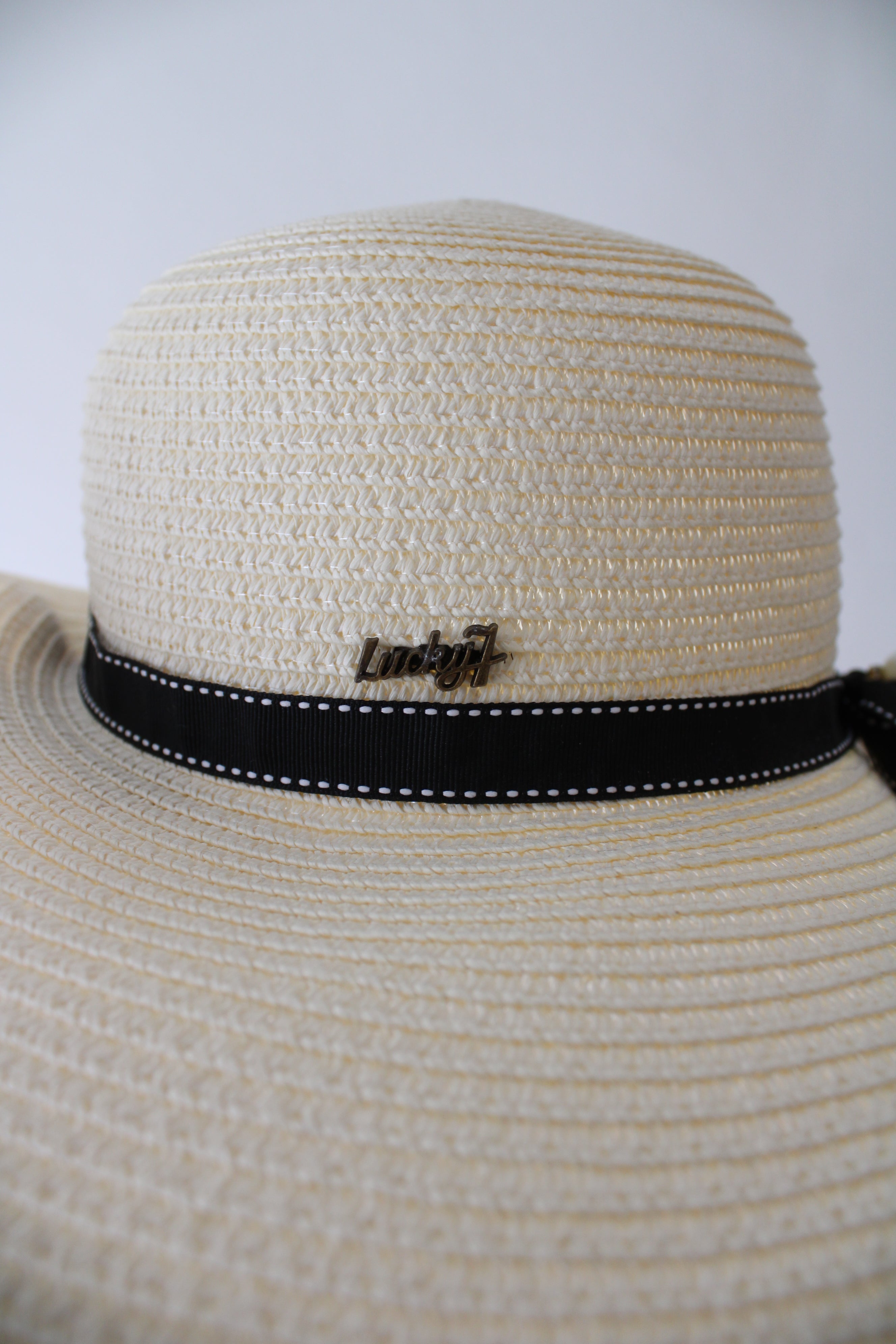 Lucky7 Cream Black Ribbon Pearl Floppy Sun Hat