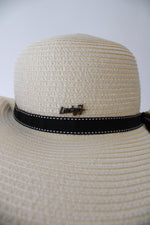 Lucky7 Cream Black Ribbon Pearl Floppy Sun Hat