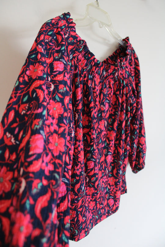 Ann Taylor Navy & Pink Floral Off The Shoulder Top | L