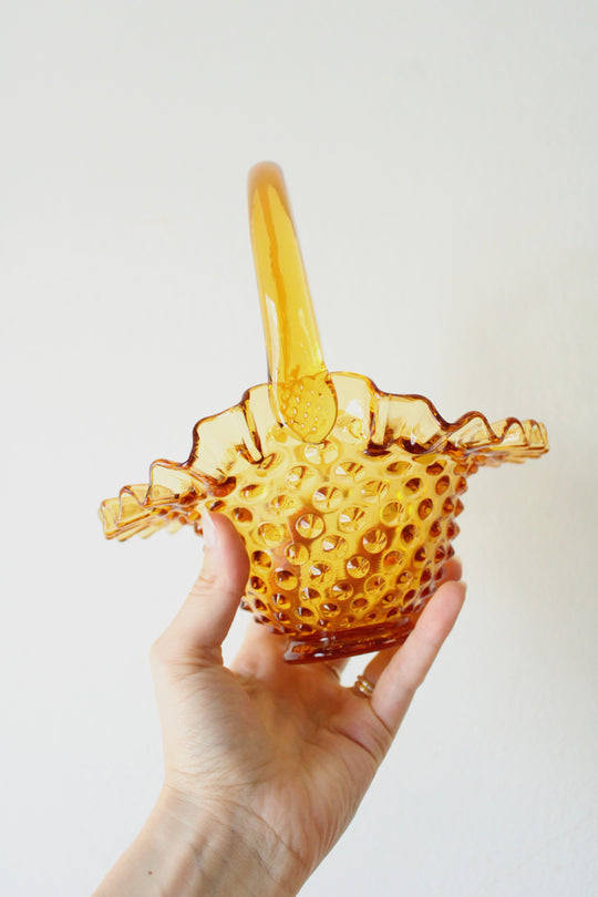 Fenton Glass Amber Handled Hobnail Ruffled Basket
